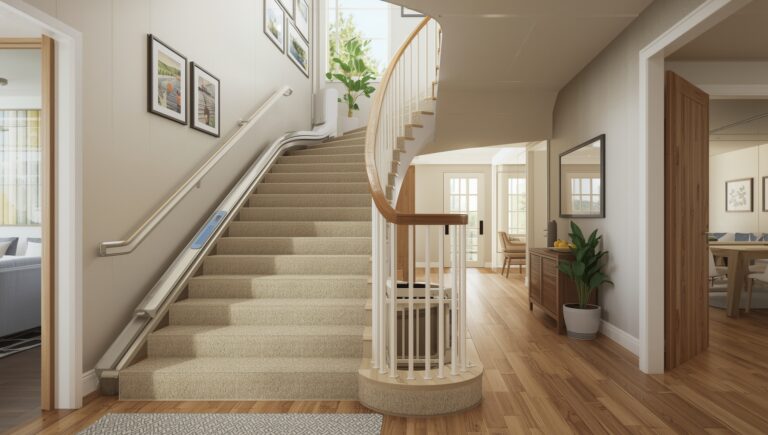 A modern staircase showing both straight and curved stair lifts, illustrating accessibility and home mobility solutions.