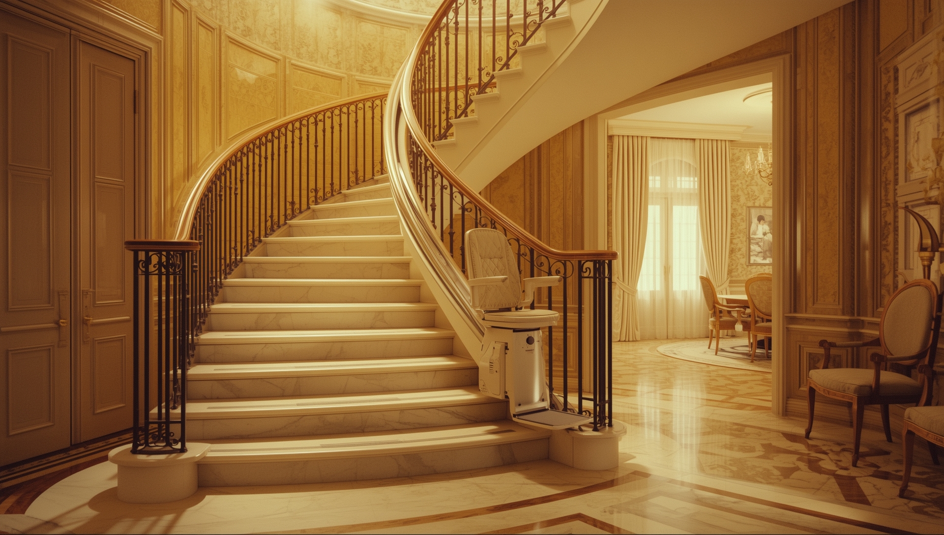 Premium curved stairlift installed on a grand indoor staircase for luxury home accessibility