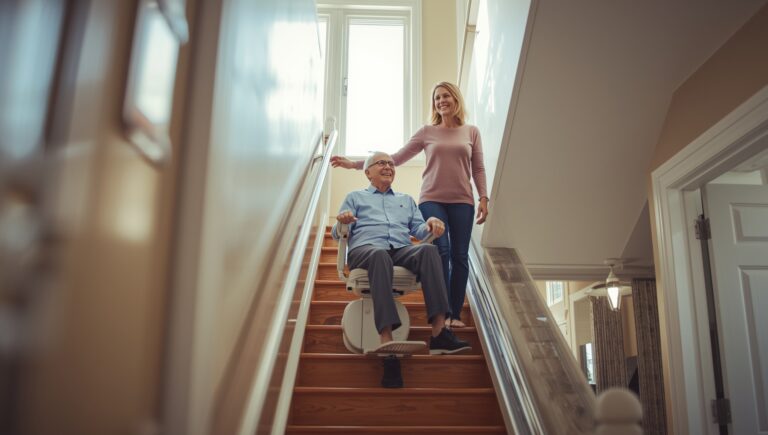 Senior using a stair lift inside a Toronto home to safely move between floors