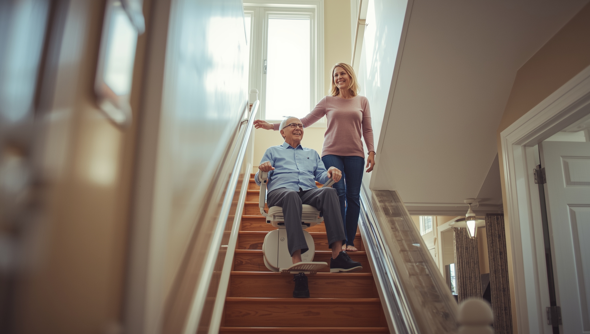 Senior using a stair lift inside a Toronto home to safely move between floors