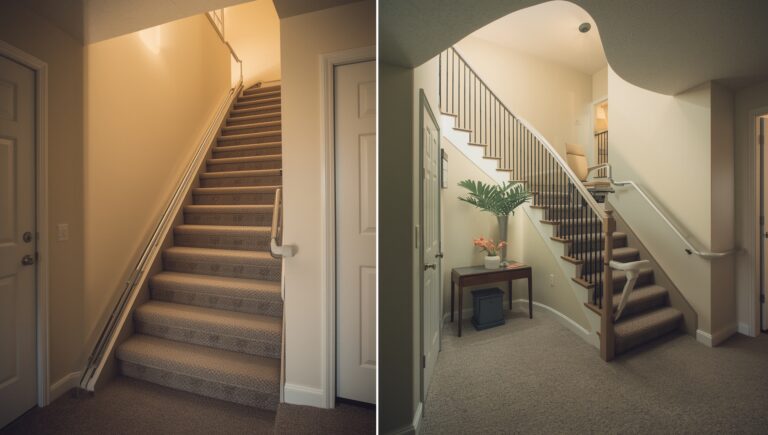 Straight and curved stair lifts installed on residential staircases to improve safety and mobility for seniors