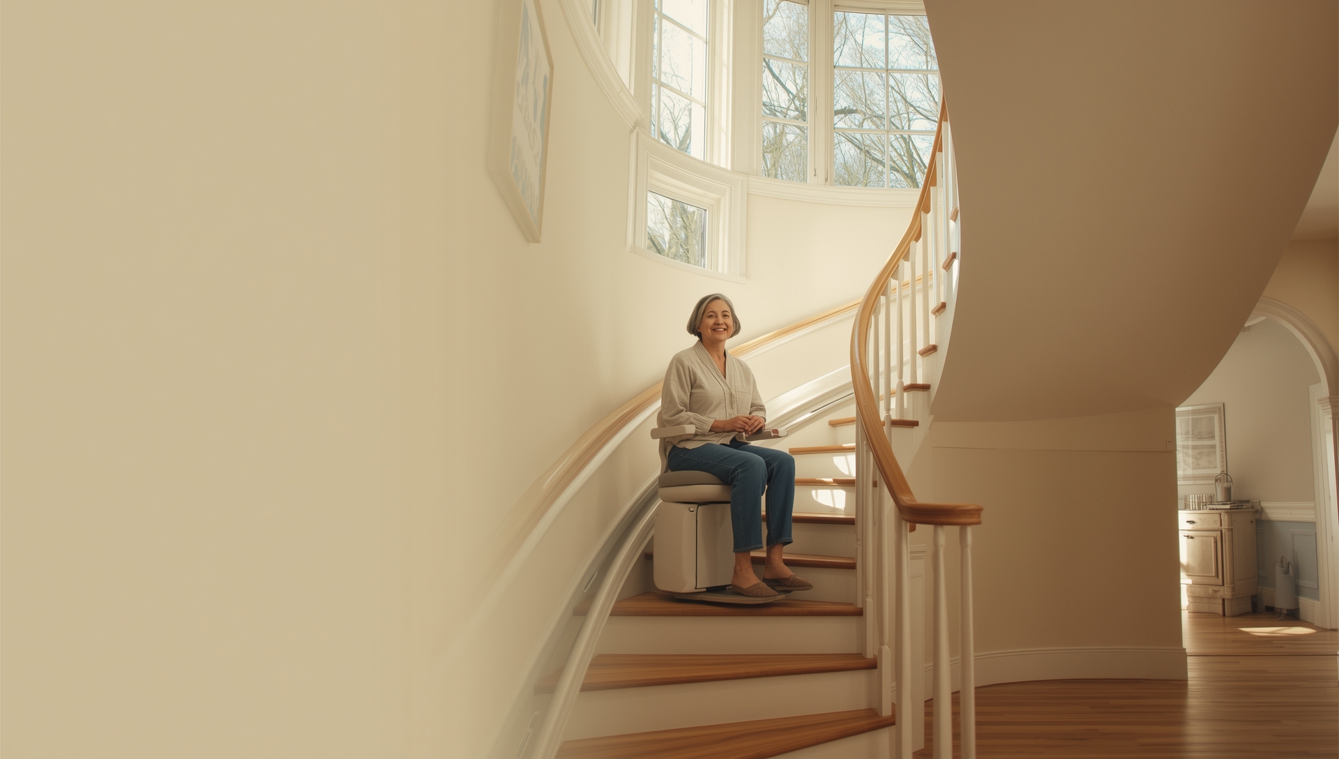 Senior using a curved stair lift on a curved staircase inside a bright residential home