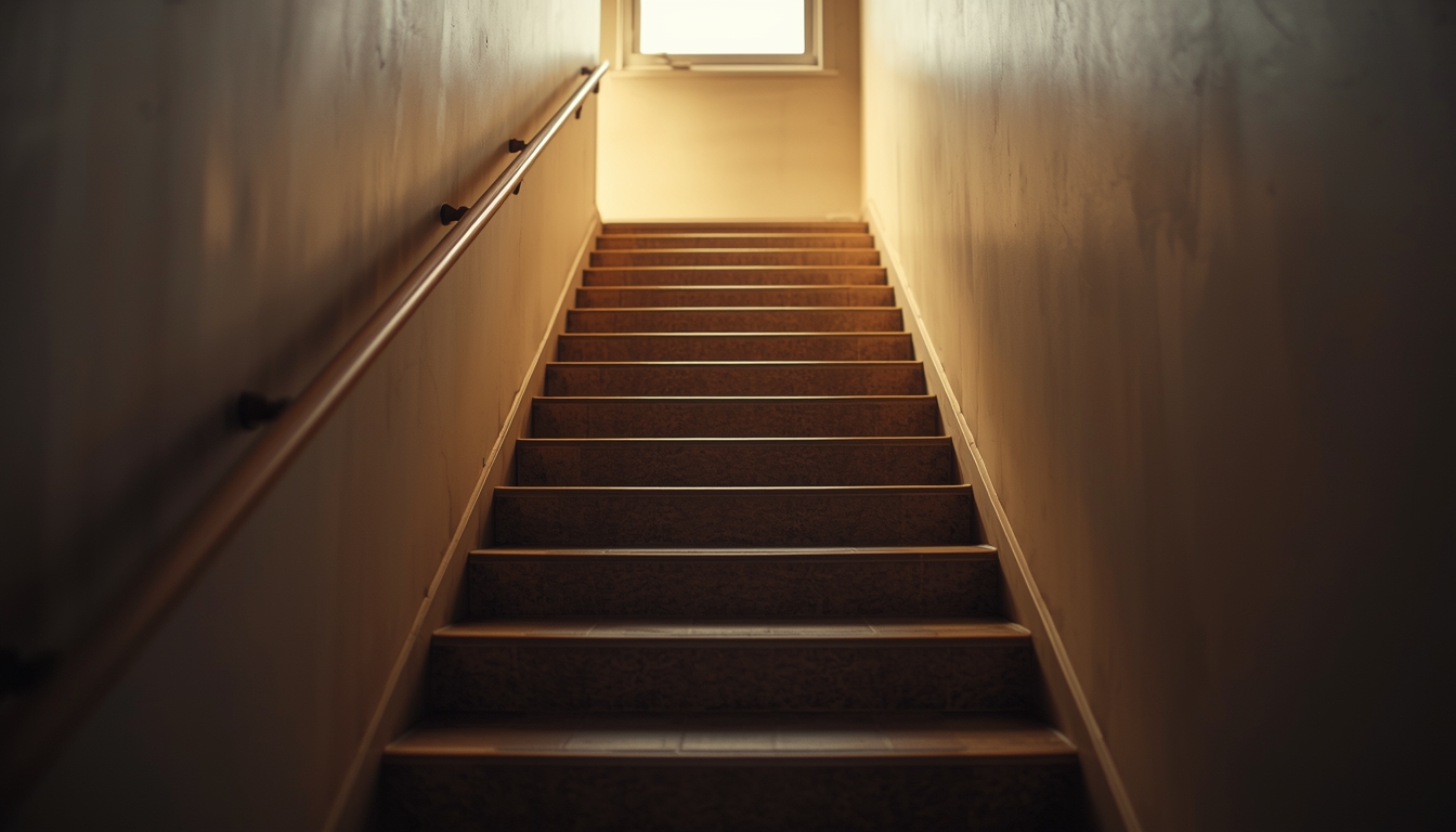Staircase in a home appearing difficult to access, highlighting mobility challenges and need for stair lift support