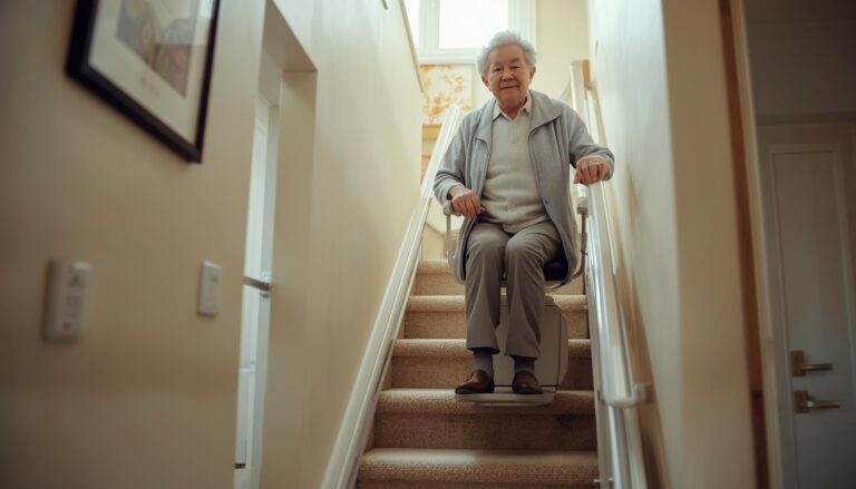 Elderly person using a stair lift in a bright home interior