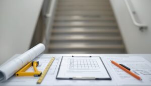 Flat lay of stairlift installation planning materials including staircase measurements, safety checklist, consultation documents, and mobility planning tools.