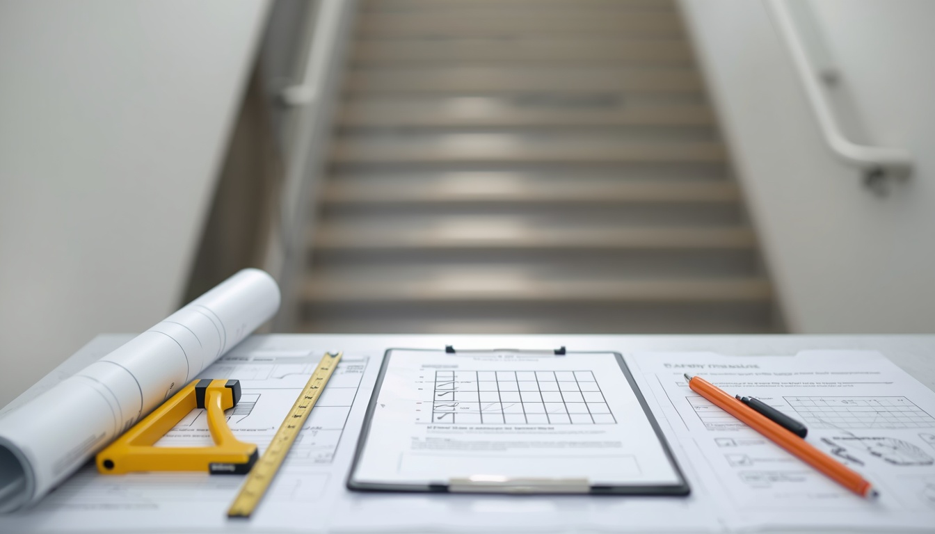 Flat lay of stairlift installation planning materials including staircase measurements, safety checklist, consultation documents, and mobility planning tools.