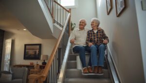 Senior couple using a modern stairlift to safely navigate their Ontario home and maintain independence.