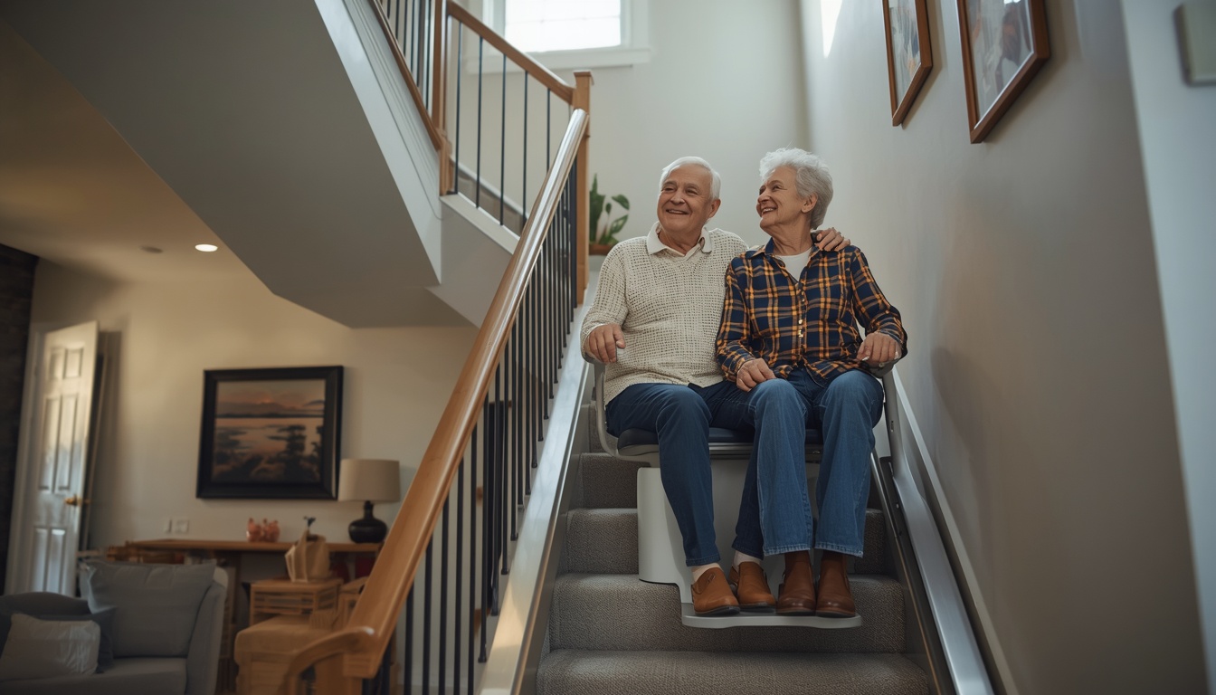 Senior couple using a modern stairlift to safely navigate their Ontario home and maintain independence.