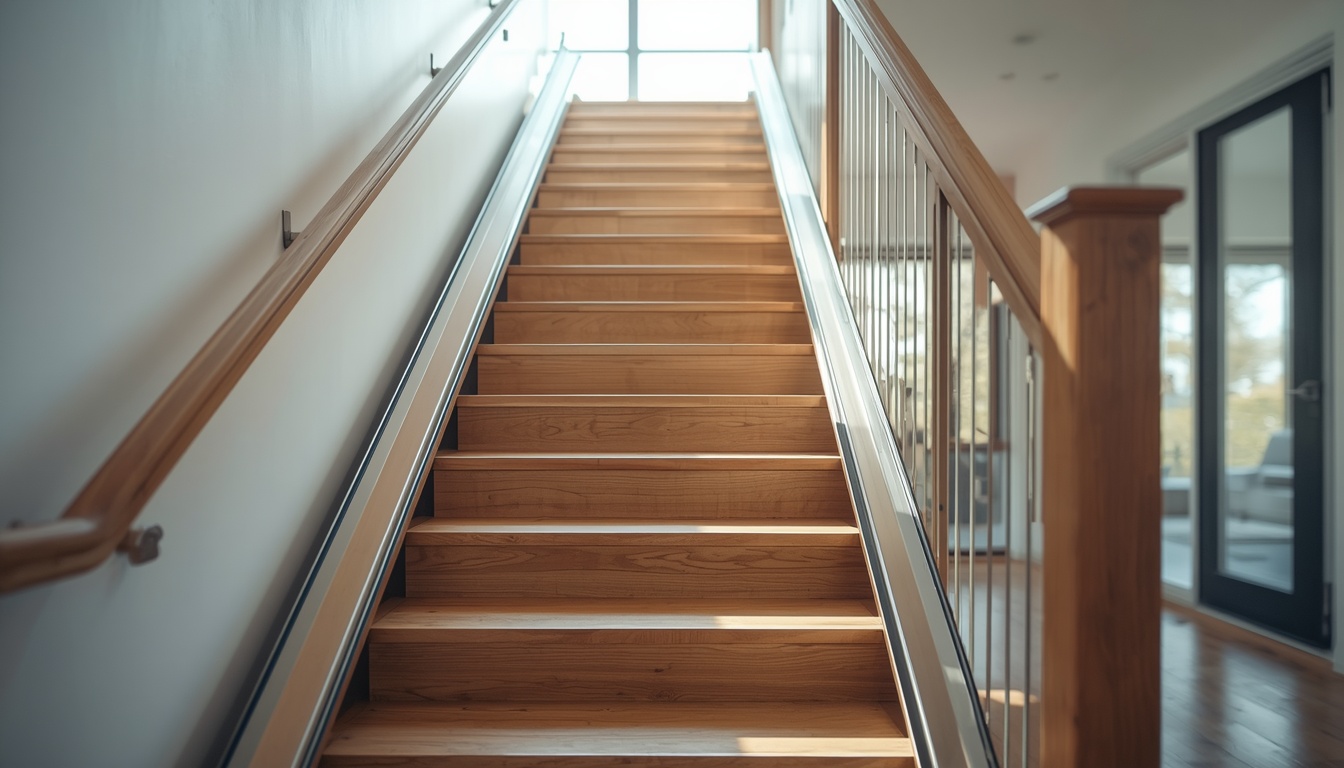 Modern stair lift installed on a wooden staircase in a Canadian home, highlighting buying and renting options for improved home accessibility.